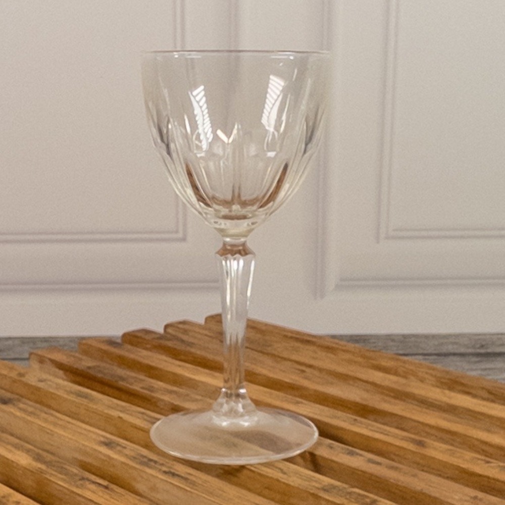 Vintage Crystal Wine Glass Faceted Stem Wedge Cut Tulip Bowl Single Stemware